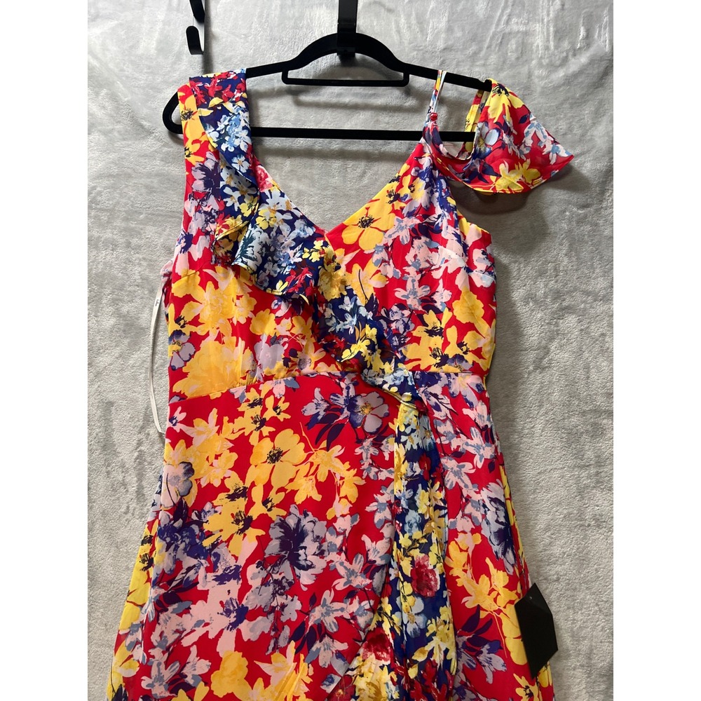 Lulus Maxi Dress Floral High-LowRuby Red Ruffle Cold Shoulder Medum - Picture 12 of 16